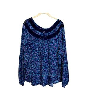 Faded Glory Peasant Blouse XL 16/18 Blue Sapphire Knit Top Floral Lace Accents